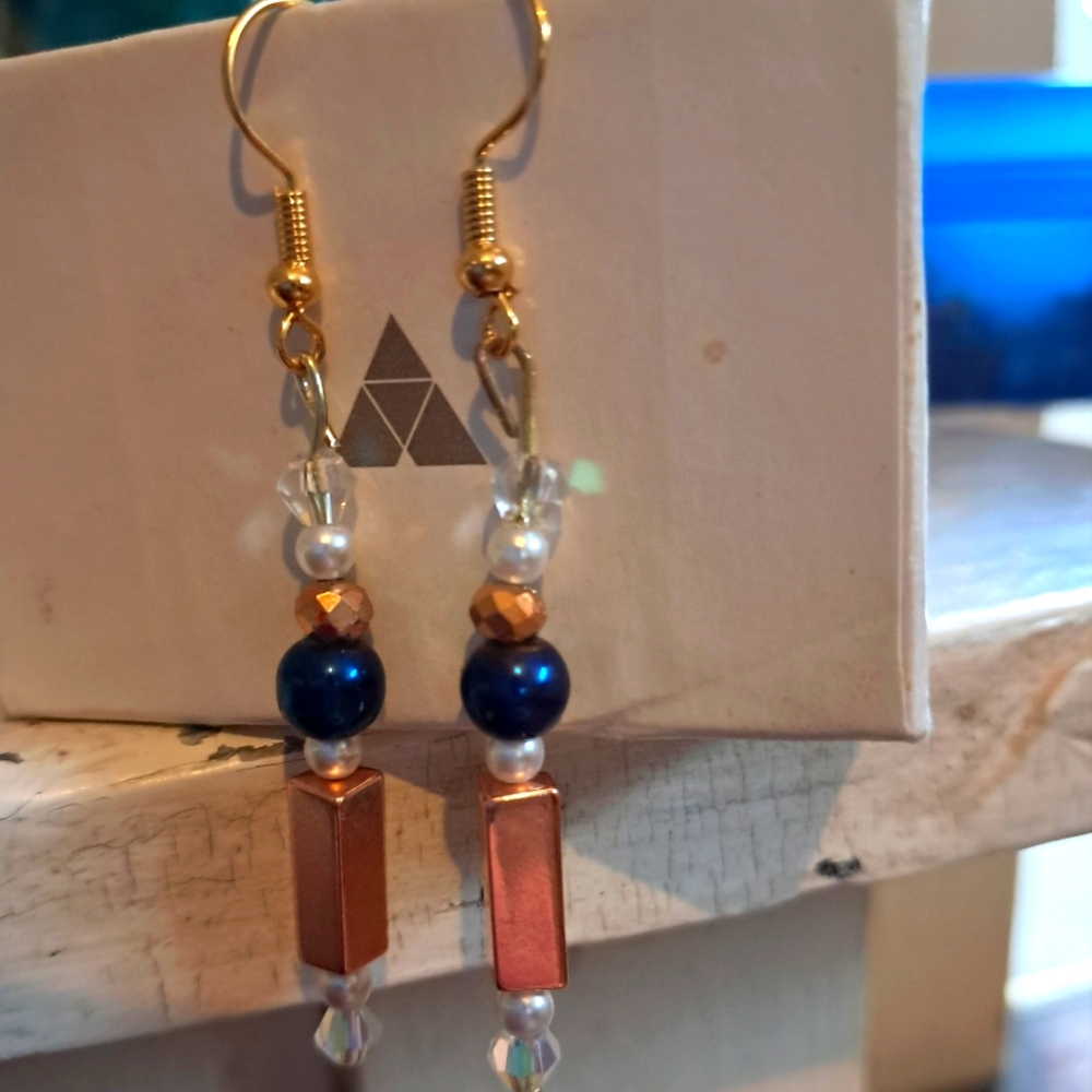 Classy Indigo and Gold Beaded Earrings